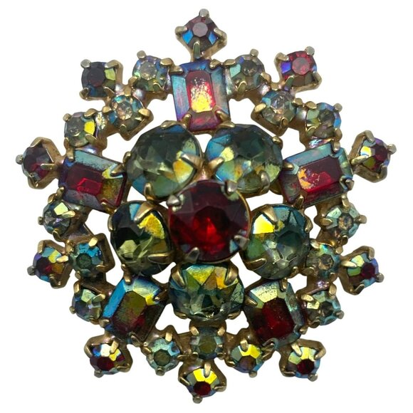Vintage Aurora Borealis Brooch AB Red Blue Green Austrian MCM 1 3/4" GORGEOUS! - Picture 7 of 8
